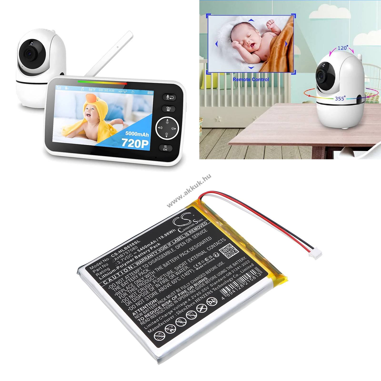 Helyettesítő bébiőr akku HelloBaby HB6588 AHB757080 5400mAh 19.98Wh 3.7V
