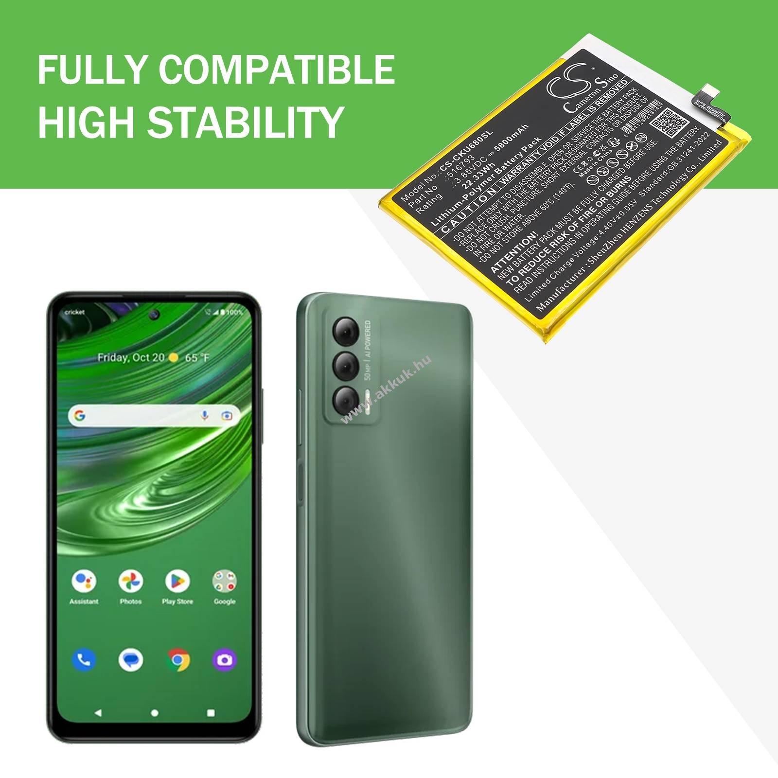 Helyettesítő telefon akku Cricket Outlast 516793 5800mAh 22.33Wh 3.85V