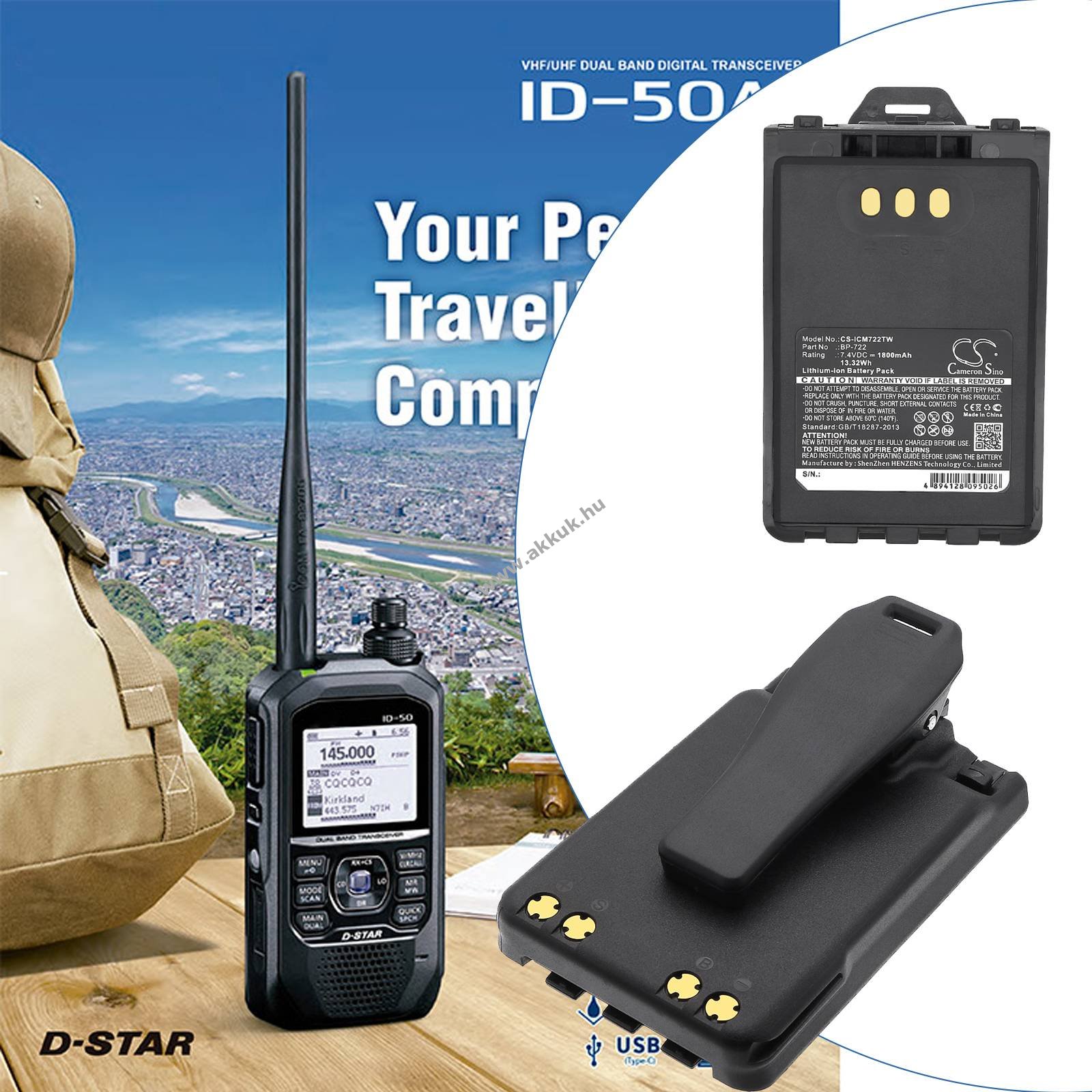 Helyettesítő adóvevő akku Icom ID-31A BP-722 1800mAh 13.32Wh 7.4V