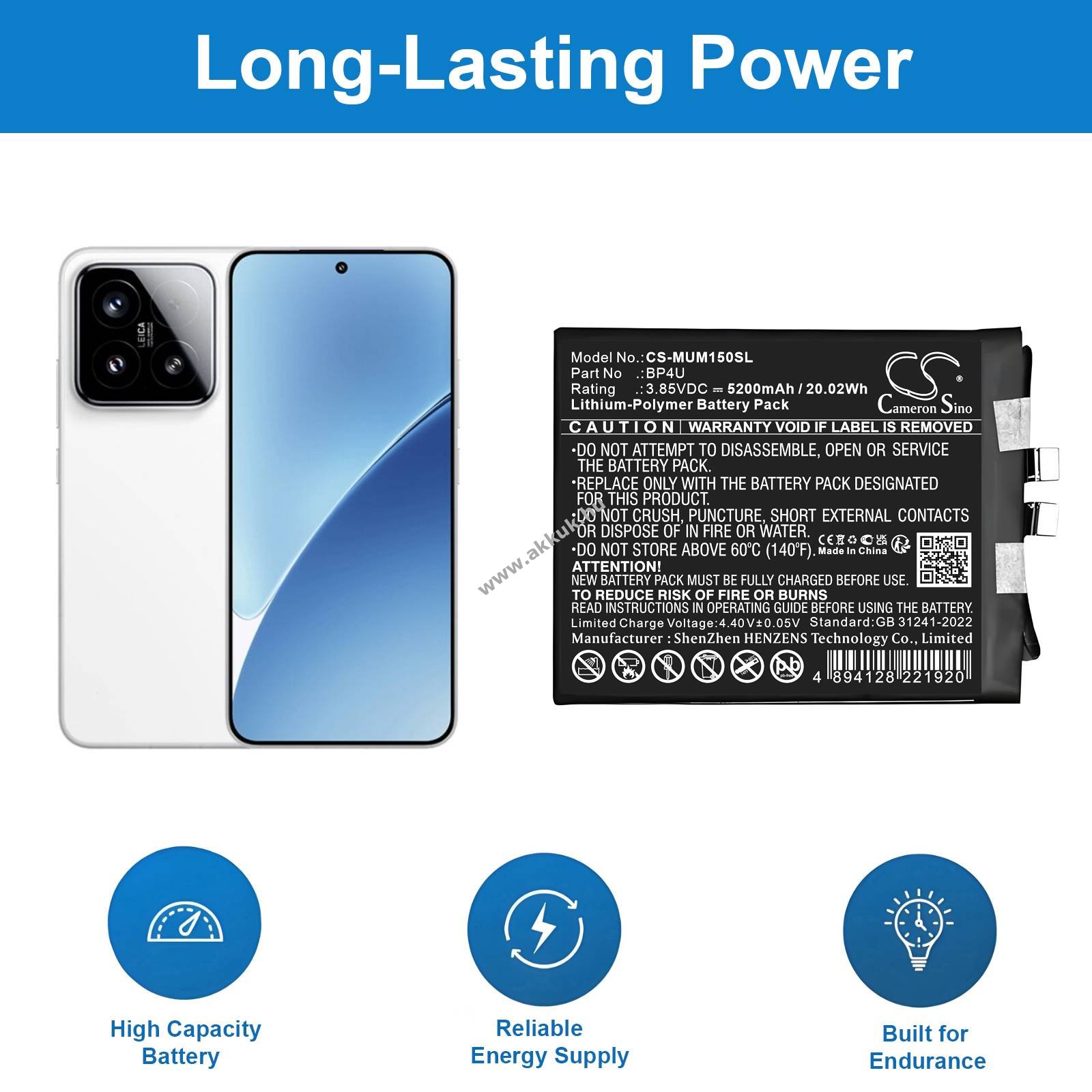 Helyettesítő telefon akku Xiaomi 24129PN74C BP4U 5200mAh 20.02Wh Li-Ion 3.85V