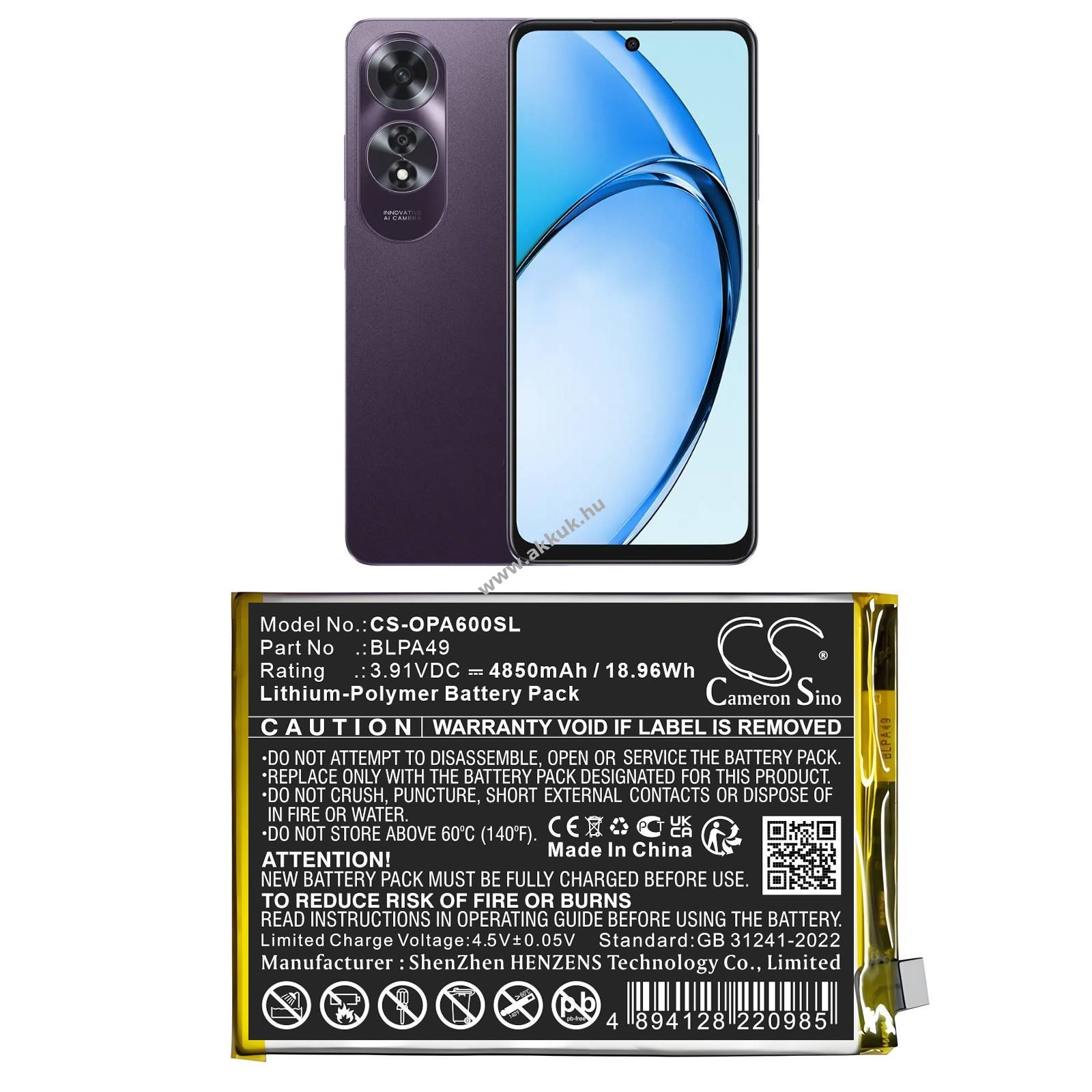 Helyettesítő telefon akku Oppo A60 4G BLPA49 4850mAh 18.96Wh Li-Ion 3.91V