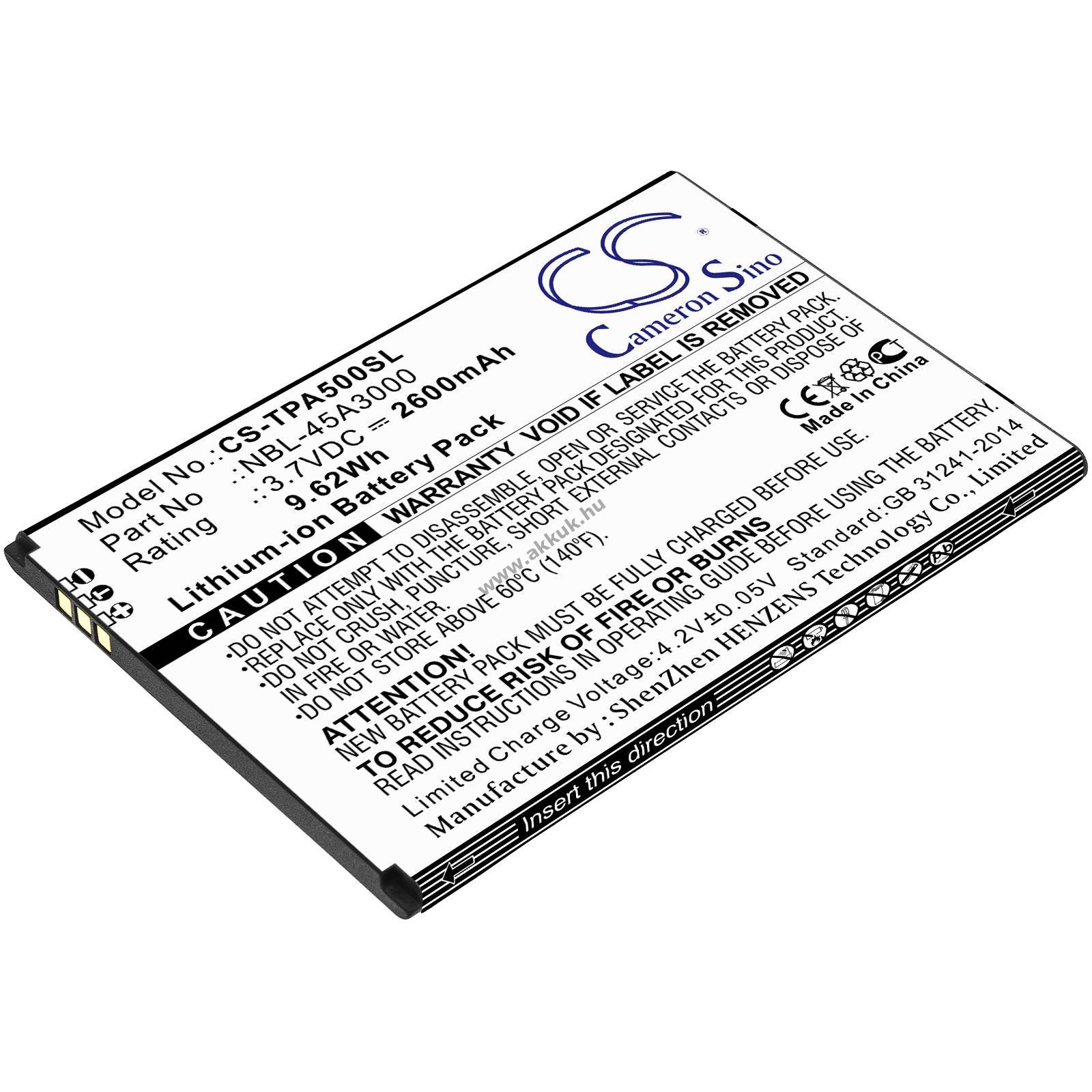 Helyettesítő telefon akku TP-Link Neffos A5 NBL-45A3000 2600mAh 9.62Wh Li-Ion 3.7V