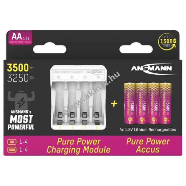 Ansmann Pure Power töltő készlet 4db/csomag Mignon ceruza AA akku 1,5V 3500mAh USB-C kábel Li-Ion
