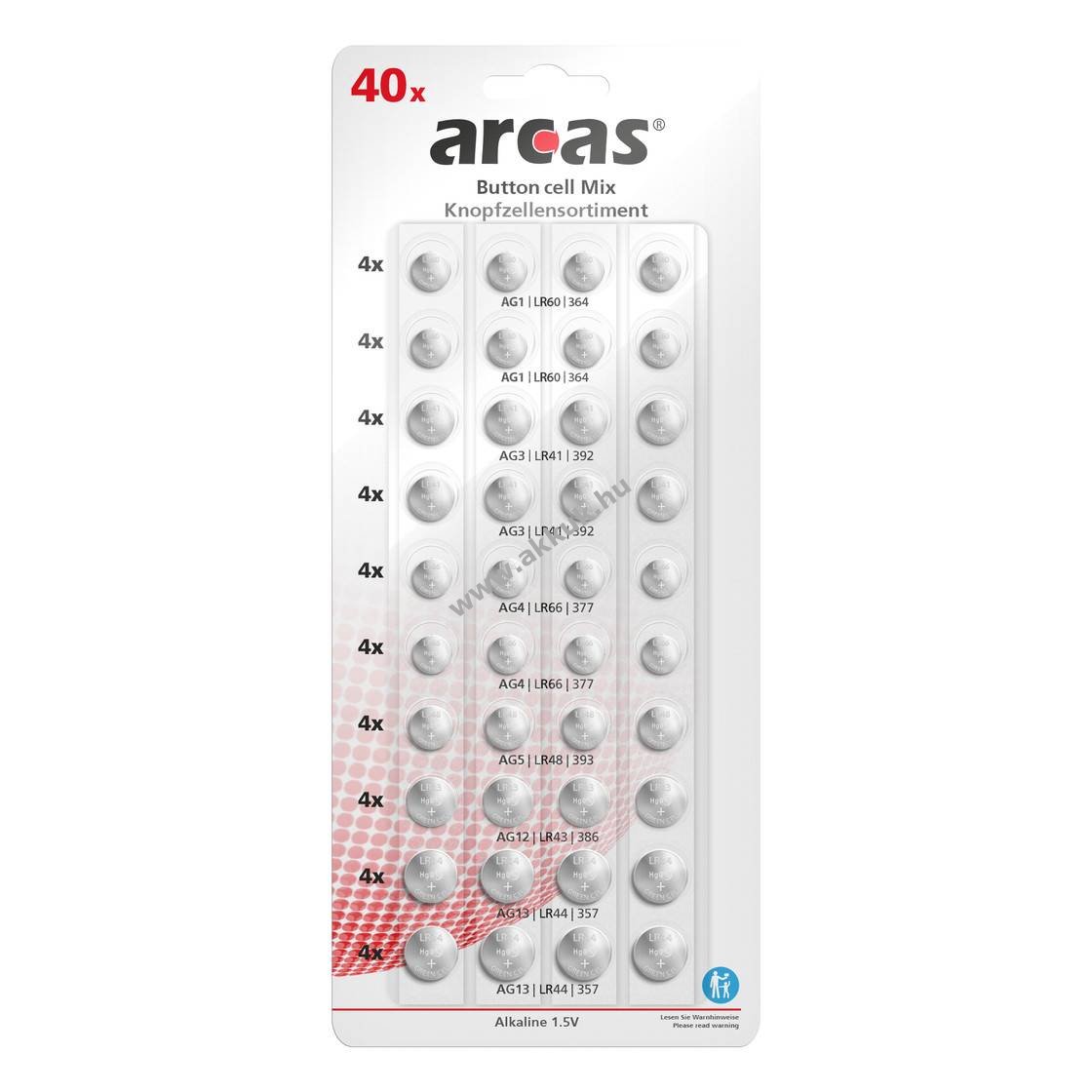 Arcas AG gombelem válogatás 1,5V 40db/csomag (8xAG1,8xAG3,8xAG4,4xAG5,4xAG12,8xAG13) Alkaline