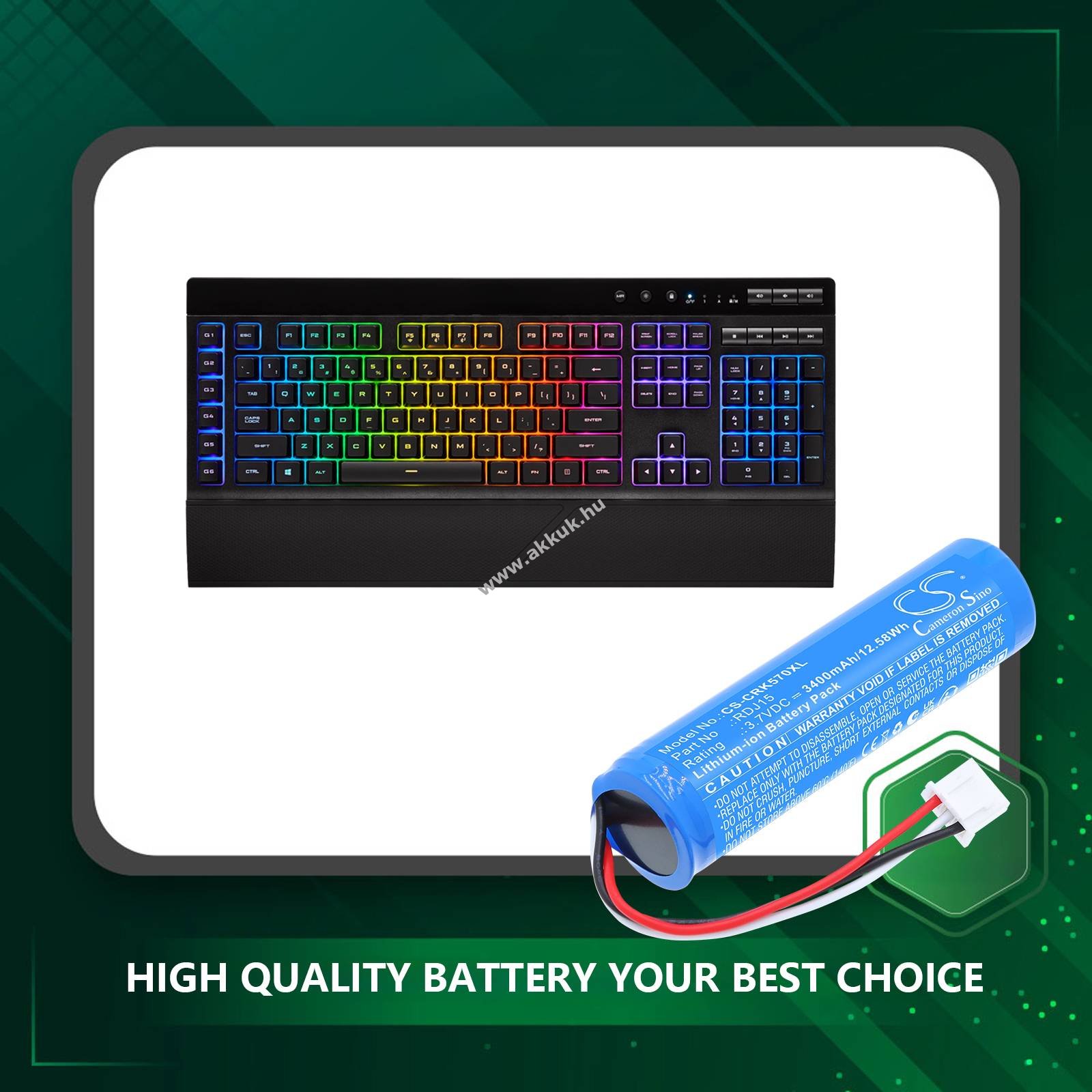 Helyettesítő billentyűzet egér akku Corsair K57 RGB vezeték nélküli és RDJ15 3400mAh 12.58Wh 3.7V