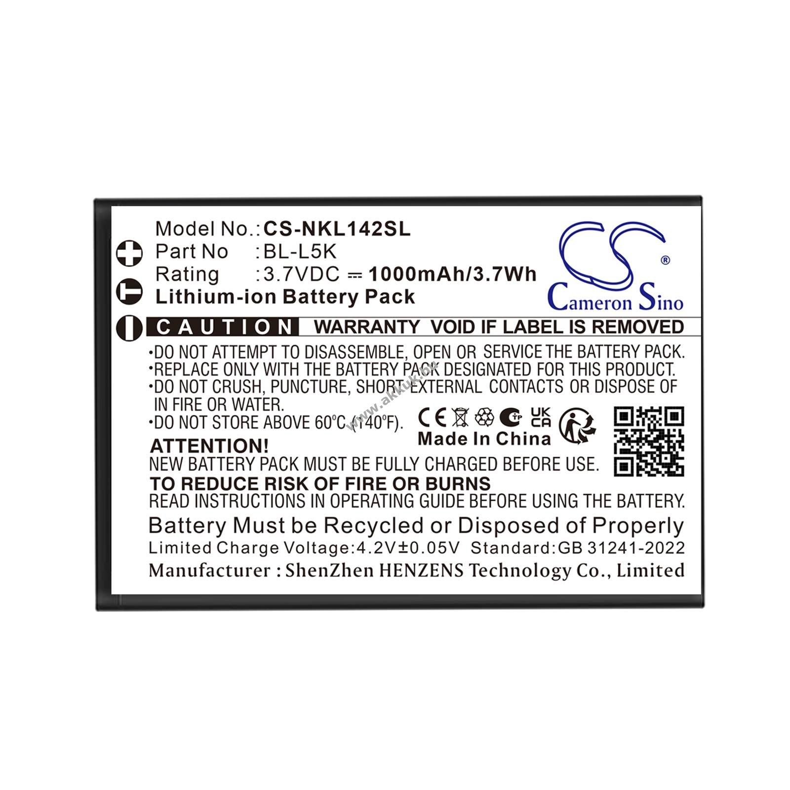 Helyettesítő telefon akku Nokia 105+ 2022 BL-L5K 3.7V 1000mAh Li-ion 3.7Wh