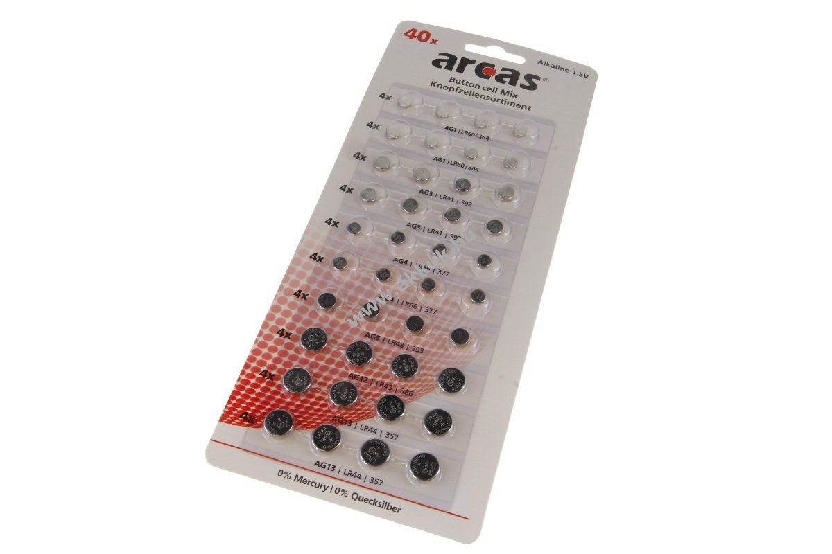 Arcas alkáli gombelem készlet 40db/csomag 8xLR621 8xLR41 8xLR626 4xLR754 4xLR43 8xLR44