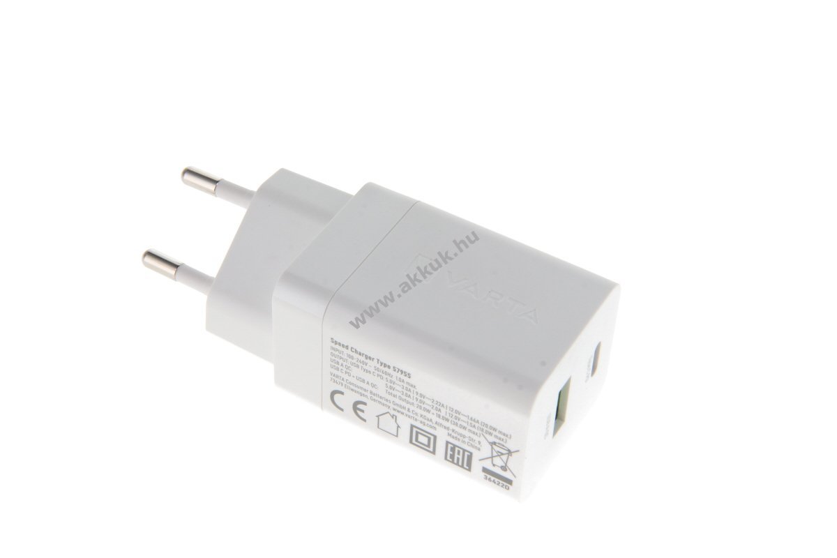 VARTA Speed Charger 38W hálózati töltő USB-C 20W + USB-A QC 18W fehér Euro csatlakozó