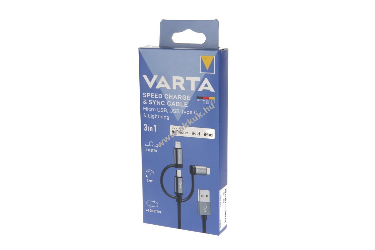Varta Speed Charge & Sync 3in1 USB A Lightning/Micro USB/Type-C kábel 2m 12W MFi